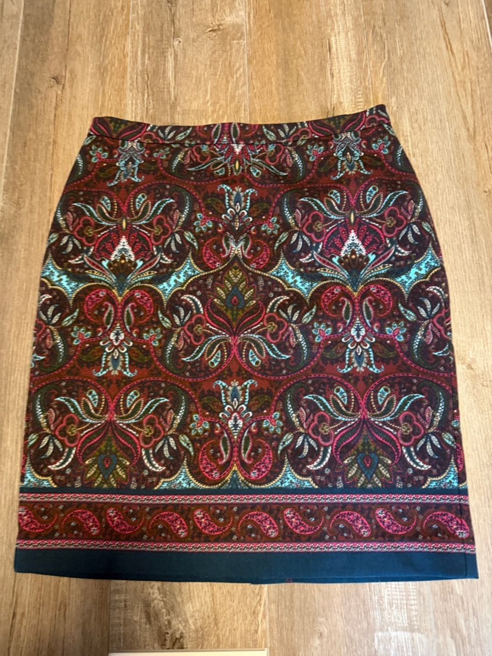 Talbots Paisley Jacquard Pencil Skirt in Red, Teal, Brown